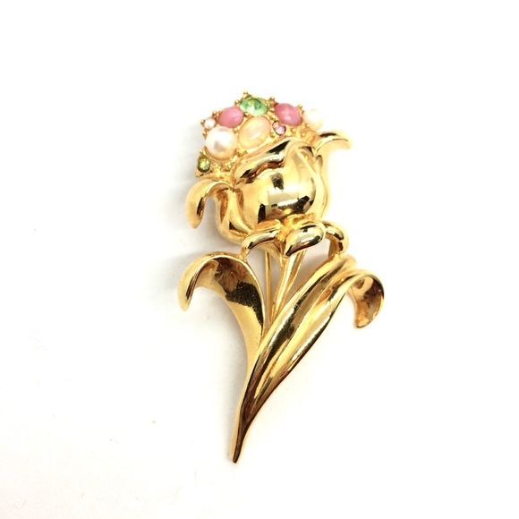 VINTAGE GIVENCHY TULIP BROOCH PIN PEARL ART GLASS GOLD TONE RARE FLOWER UNSIGNED - Picture 6 of 17